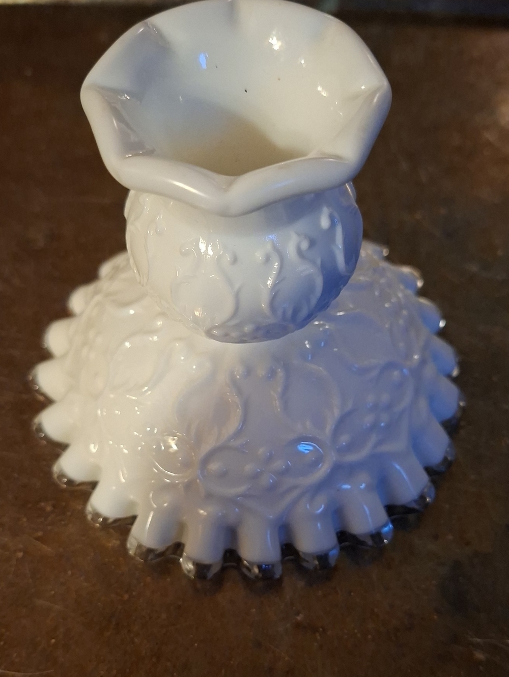 1940 - 70s Fenton Silver Crest " Spanish Lace " Milk Glass Candlestick